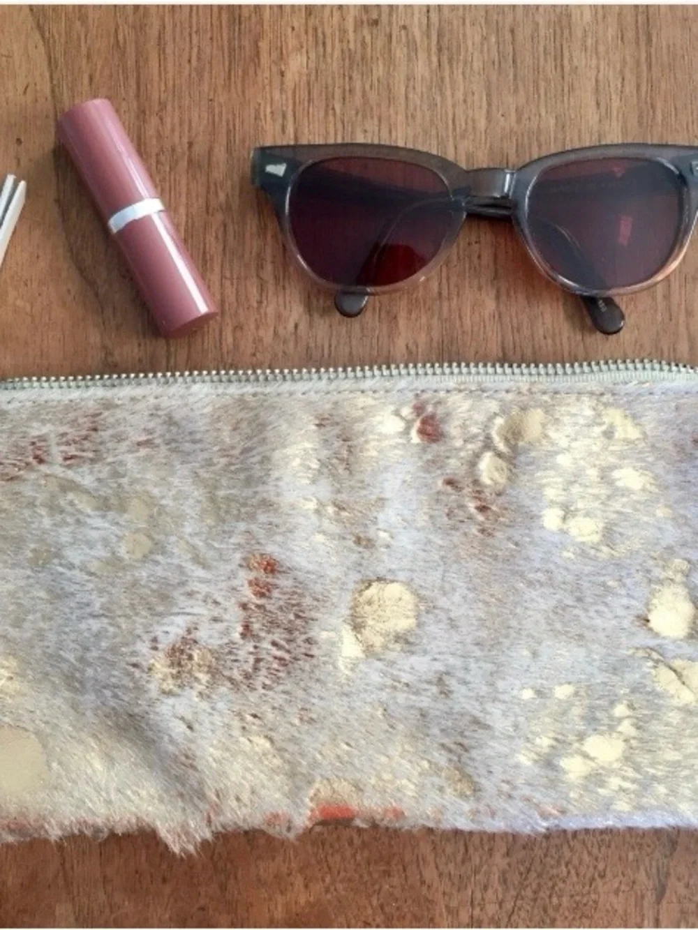 Artisan Made Metallic Gold Pony Fur Leather Clutch with Zipper